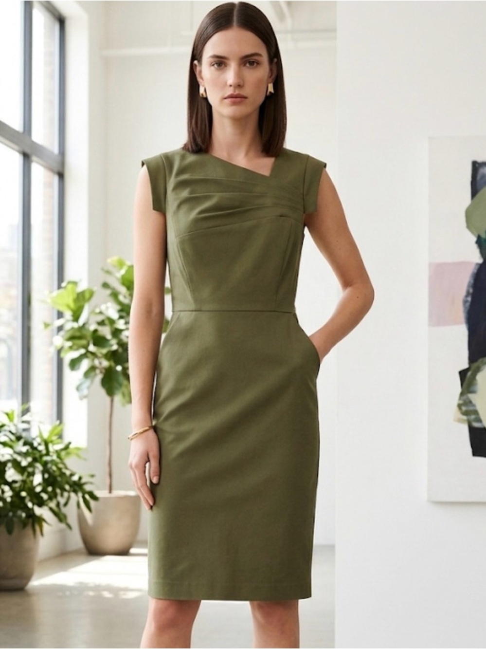 J Crew Olive Green Asymmetric Pleated Neckline Cap Sleeve Pencil Sheath Dress 2P
